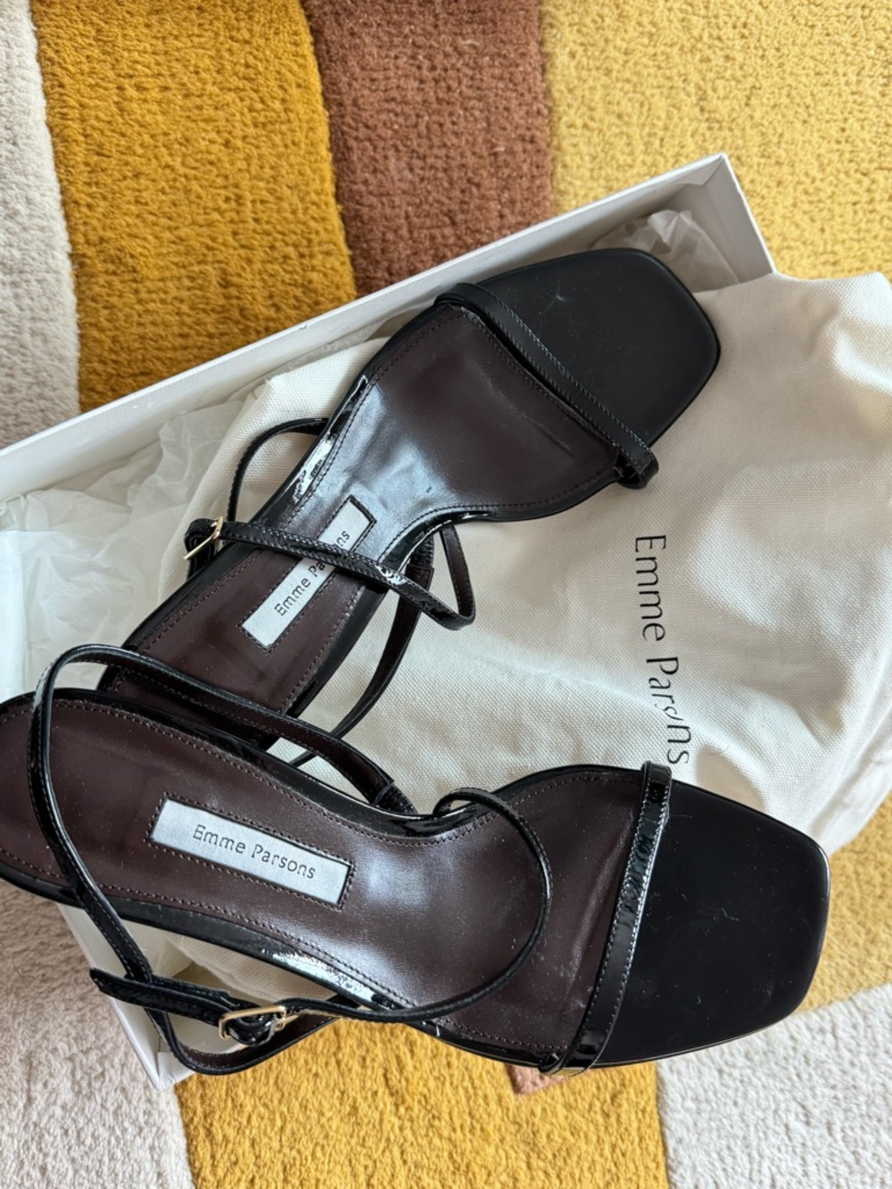 Emme Parsons HUGO Black Patent Strappy Square-Toe Heels